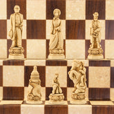 A handmade chess set featuring various historical figures from the American Civil War era, placed on a checkered background.