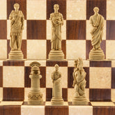 The Roman side of a Spartacus themed chess set, with Pieces depicting Licinius Crassus, A Roman Lady, A Roman Senator and Roman Legionnaires.