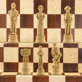 A hand-shaded chess set featuring figurines representing characters from the Battle of Trafalgar, placed on a checkered background.