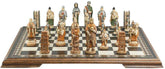 A handmade chess set depicting characters from the Battle of Hastings, with pieces representing King Harold II of England, Edith Swan-Neck, Archbishop Stigand, William the Conqueror, and other Saxon and Norman figures, placed on a chess board.