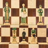 Hand painted themed chess pieces depicting Sherlock Holmes, Mrs Hudson, Doctor Watson, Inspector Lestrade, 221b Baker Street & Victorian Police Constables.
Atop a brown and white chess board.