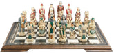 Hand painted chess pieces with a Crusades theme, including figures like King Richard the Lionheart and Saladin, displayed on a chess board.
The chess set concentrates particularly on the Third great Crusade led by King Richard I of England, who in 1189 joined King Philip II of France in an effort to recapture the holy city of Jerusalem. King Richard, with 8000 troops, seized Cyprus and some cities on the Palestinian coast, but ultimately failed to dislodge the Muslim leader Saladin from Jerusalem.