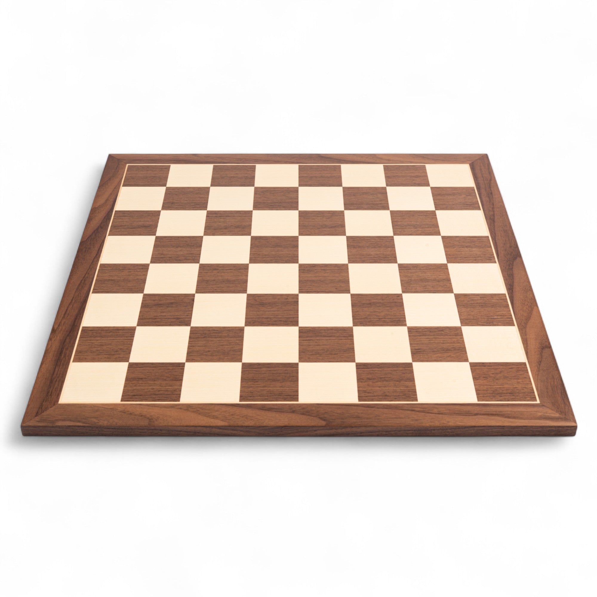 Wooden chess board with checkered pattern on a white background
