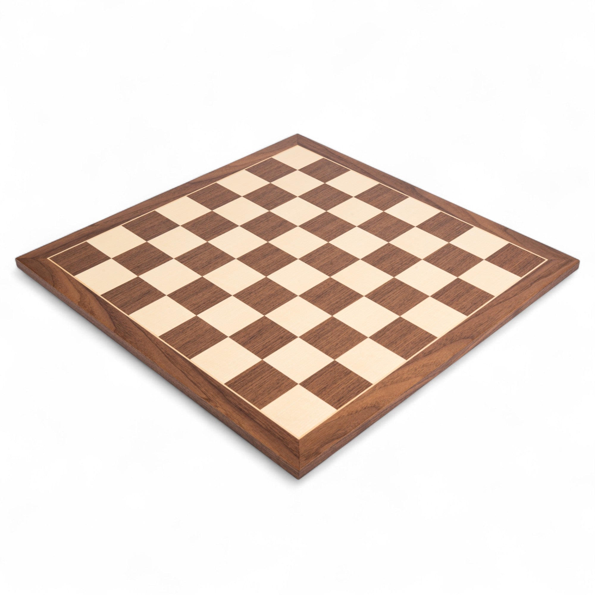 Wooden chess board with checkered pattern on a white background
