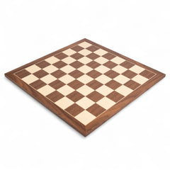 Wooden chess board with checkered pattern on a white background