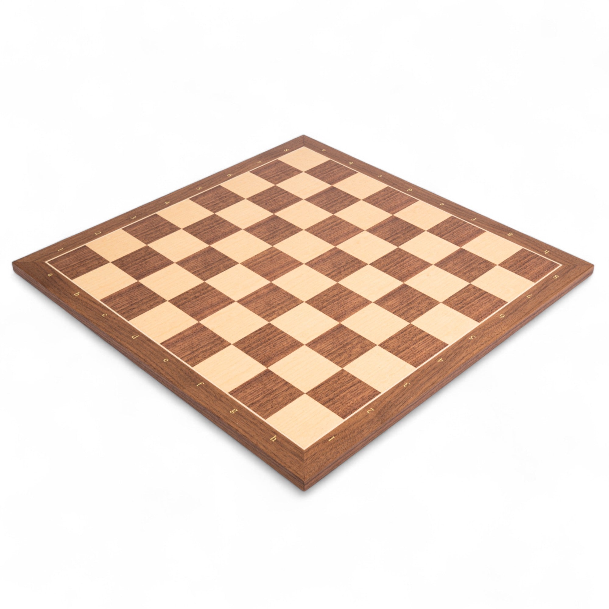 Wooden chess board with checkered pattern on a white background