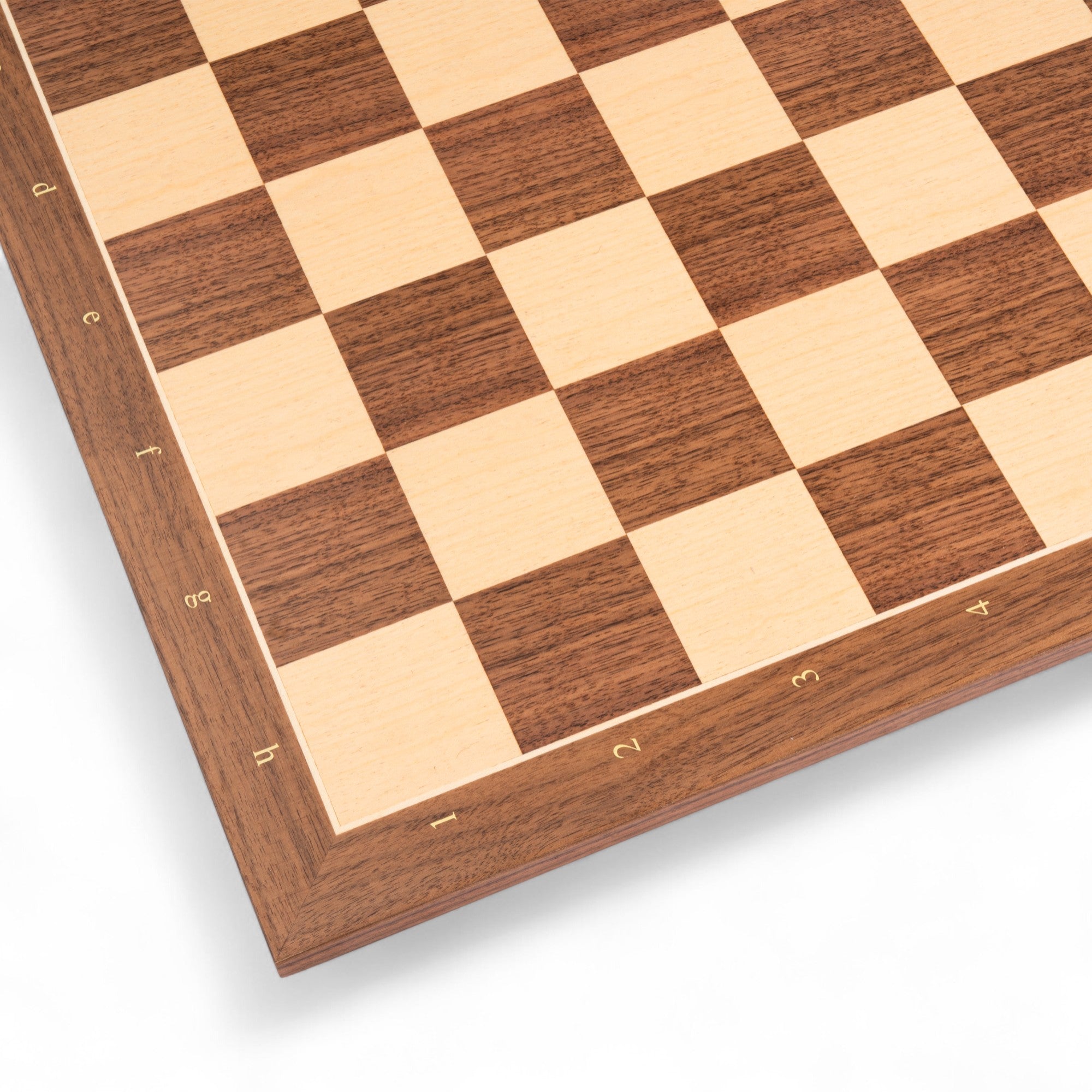 Wooden chessboard with checkered pattern on a white background