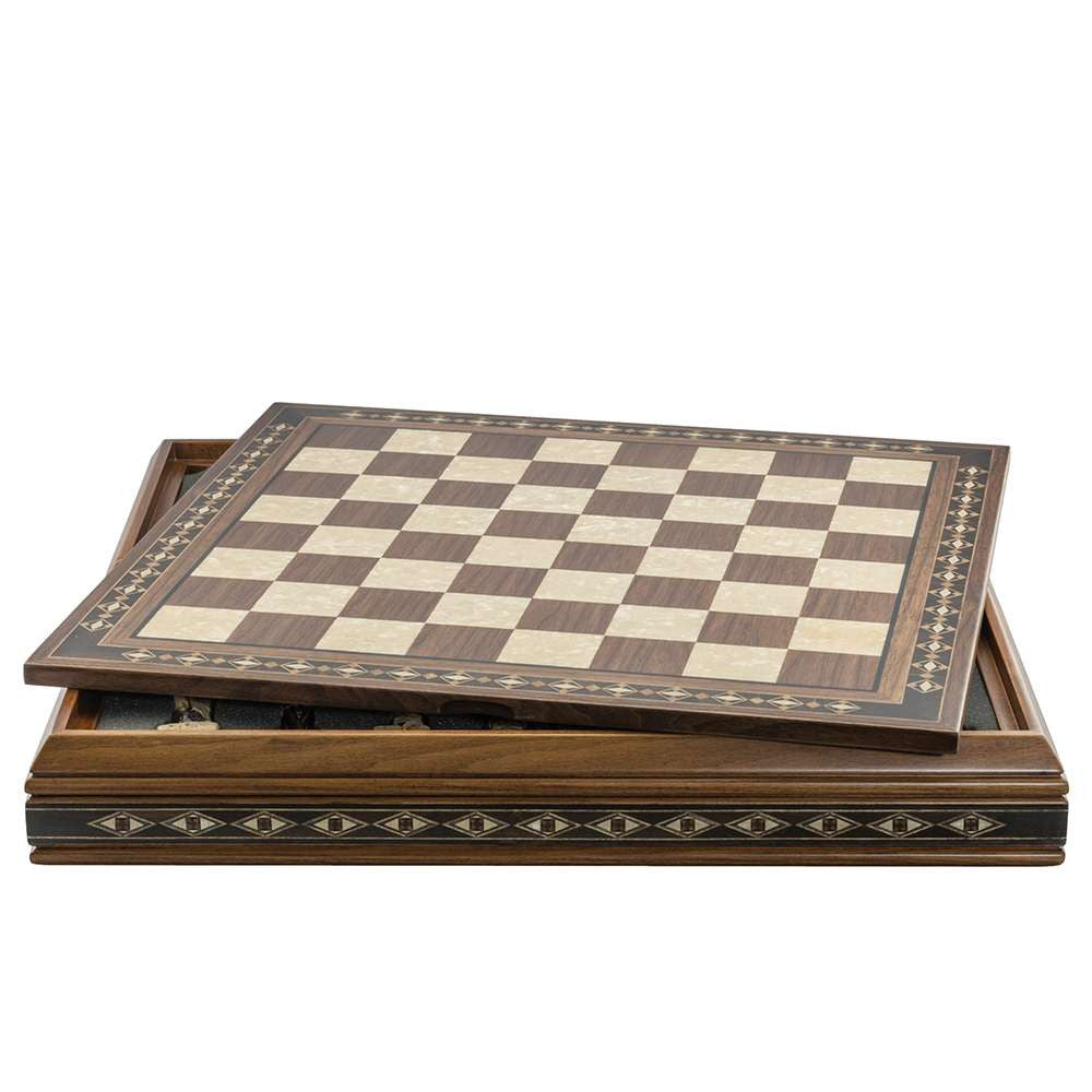 A polished wooden chess board with a checkered pattern, featuring eco mother of pearl details on the edges which contains storage for chess pieces below.