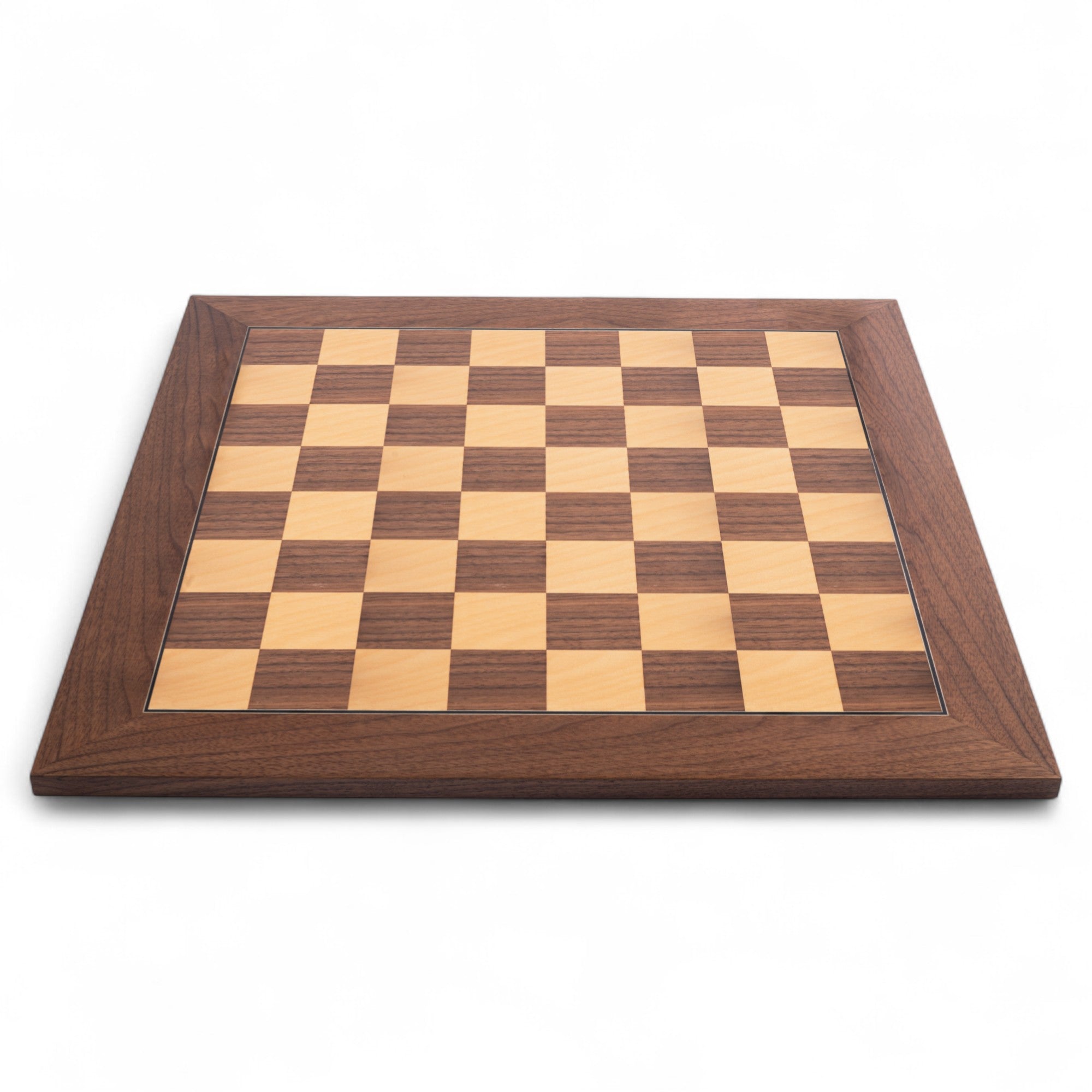 Wooden chessboard with checkered pattern on a white background