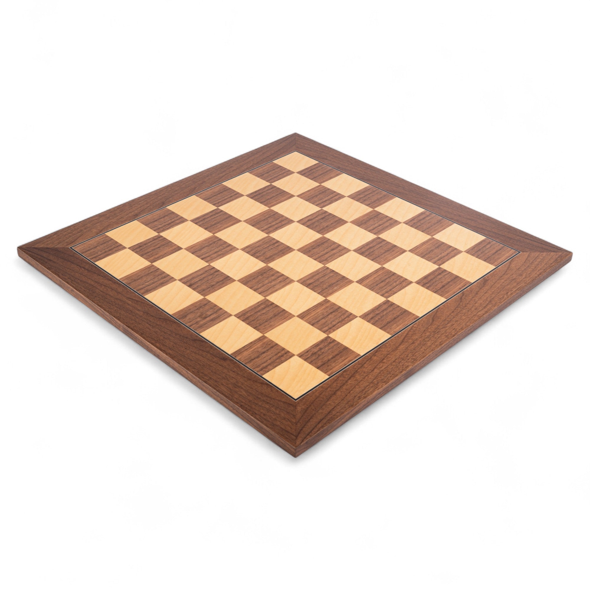 Wooden chessboard with checkered pattern on a white background