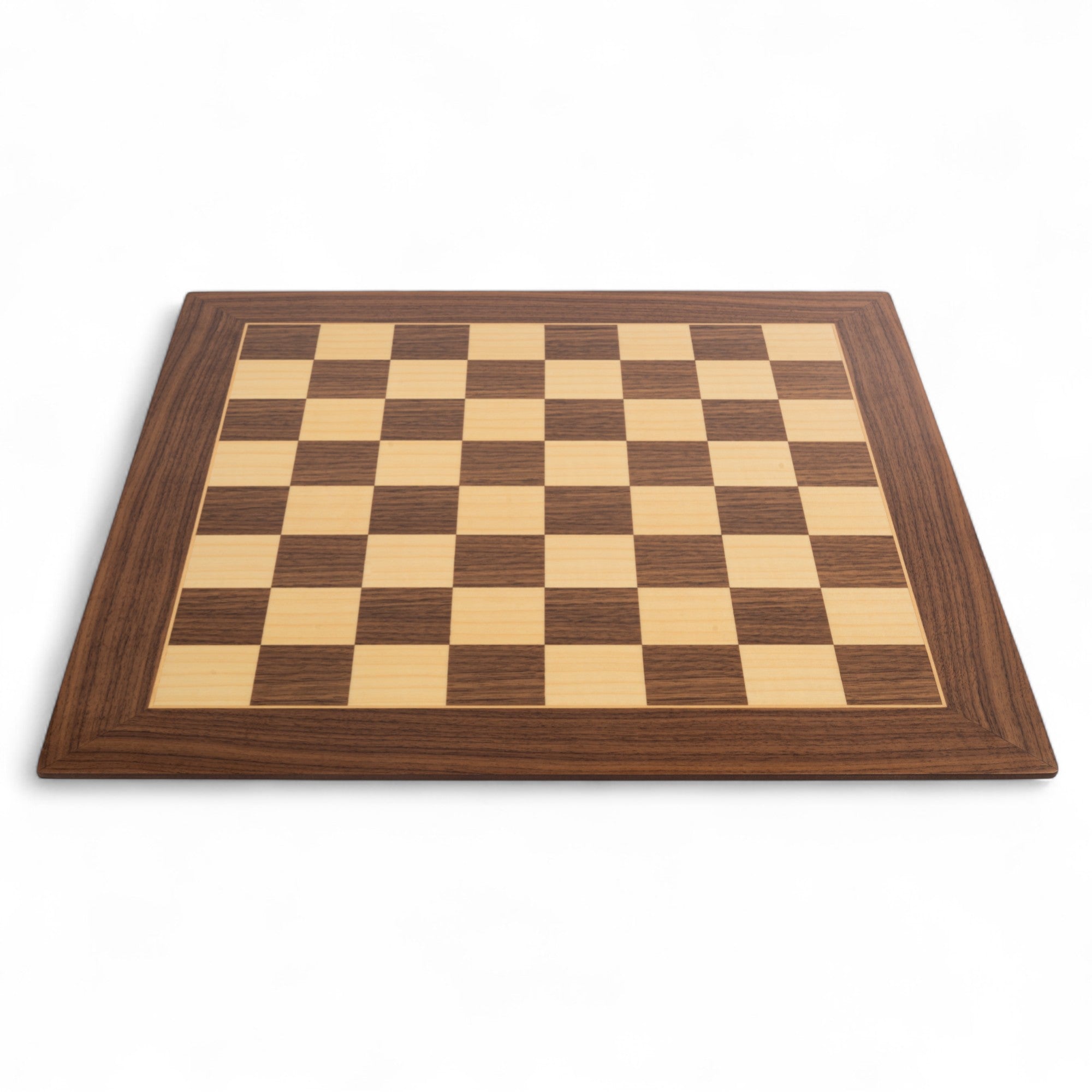 Wooden chessboard with checkered pattern on a white background