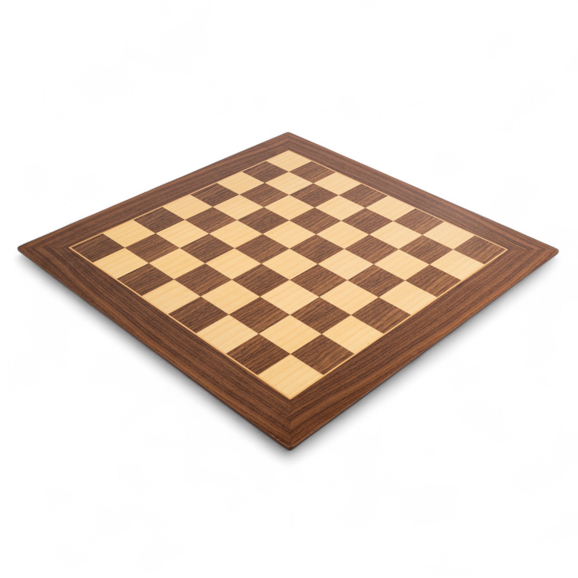 Wooden chess board with checkered pattern on a white background