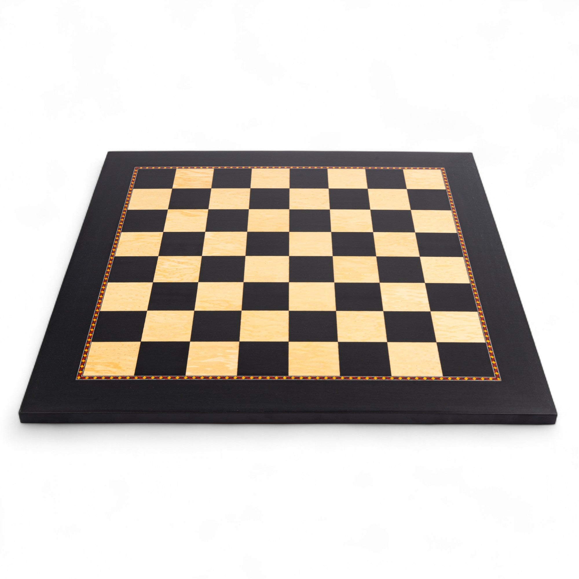 Checkered chessboard with black and light brown squares on a white background