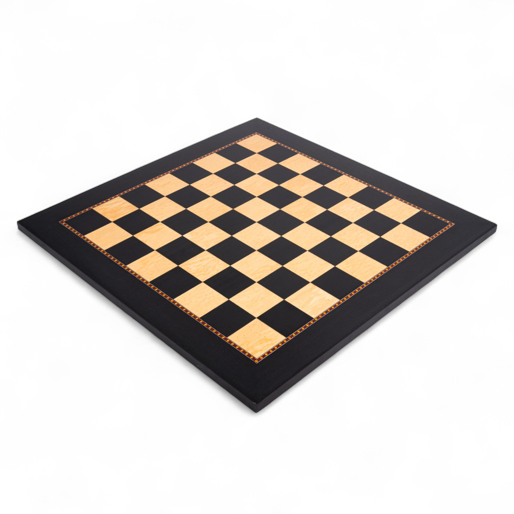 Checkered chessboard with black and light brown squares on a white background