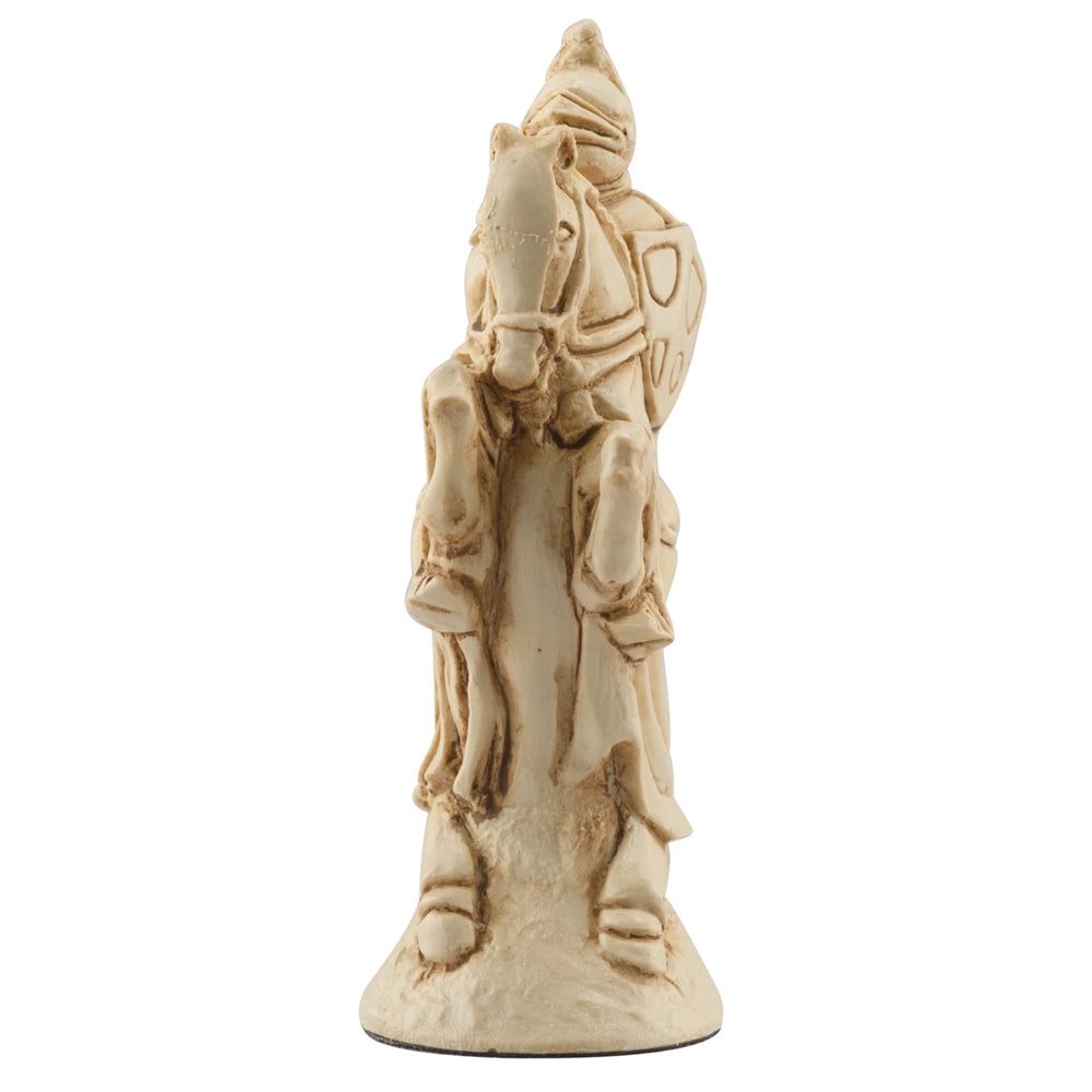 A handmade ivory coloured chess piece depicting Sir Lancelot A.K.A Galahad, From Arthurian Legend.

One of the Knights of The Round Table, He typically featured as King Arthur's greatest champion, the lord of joyous Gard and the greatest swordsman and jouster of the age - unitl his adultery with Queen Guinevere is discovered, causing a civil war which leads to the end of King Arthurs Kingdom.