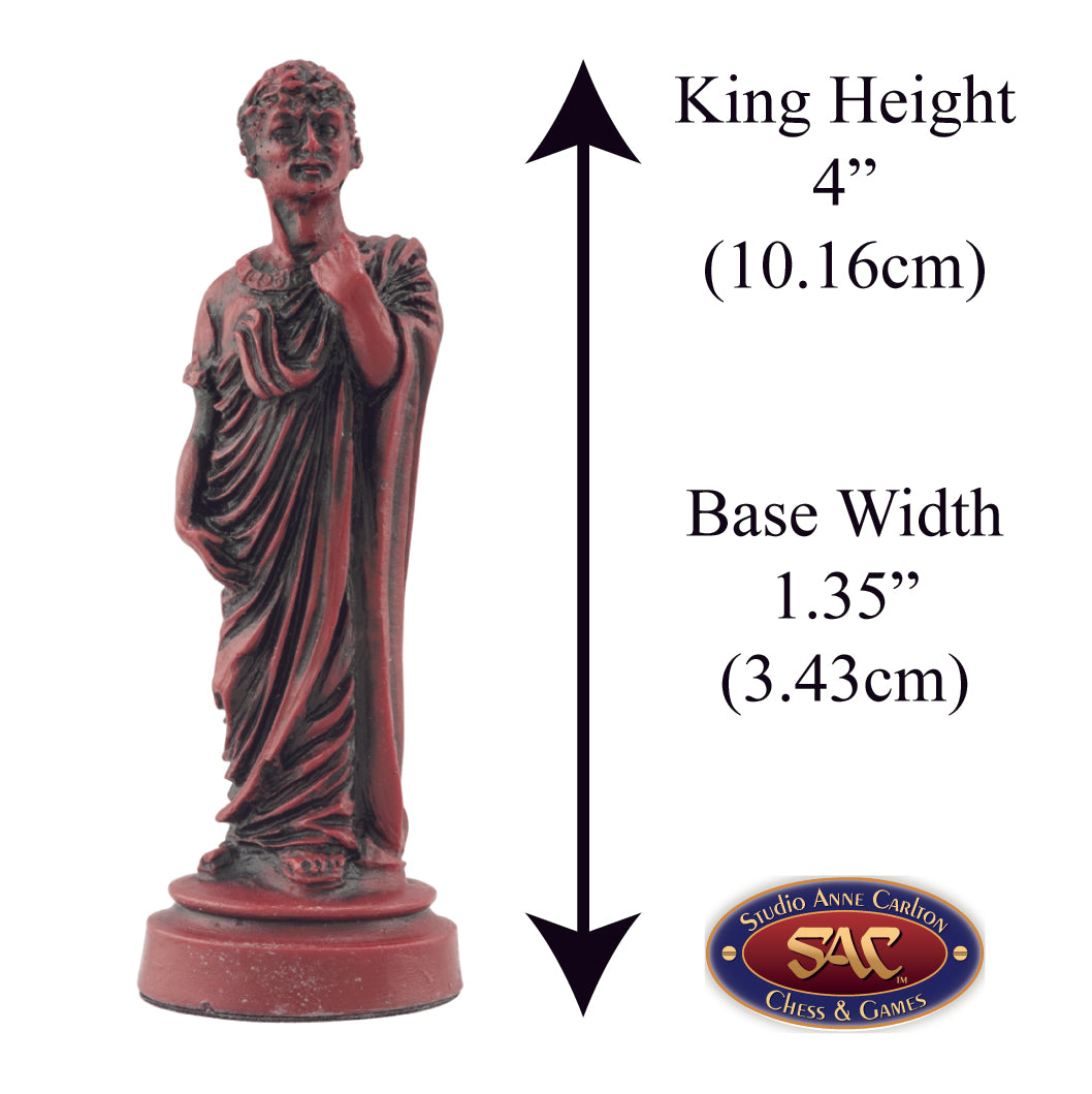 Burgundy coloured themed King chess piece depicting the famed Julius Caesar traditional dressed in a toga.
Includes measurement information for the piece, it is 4" inches tall and 1.35" inches wide.