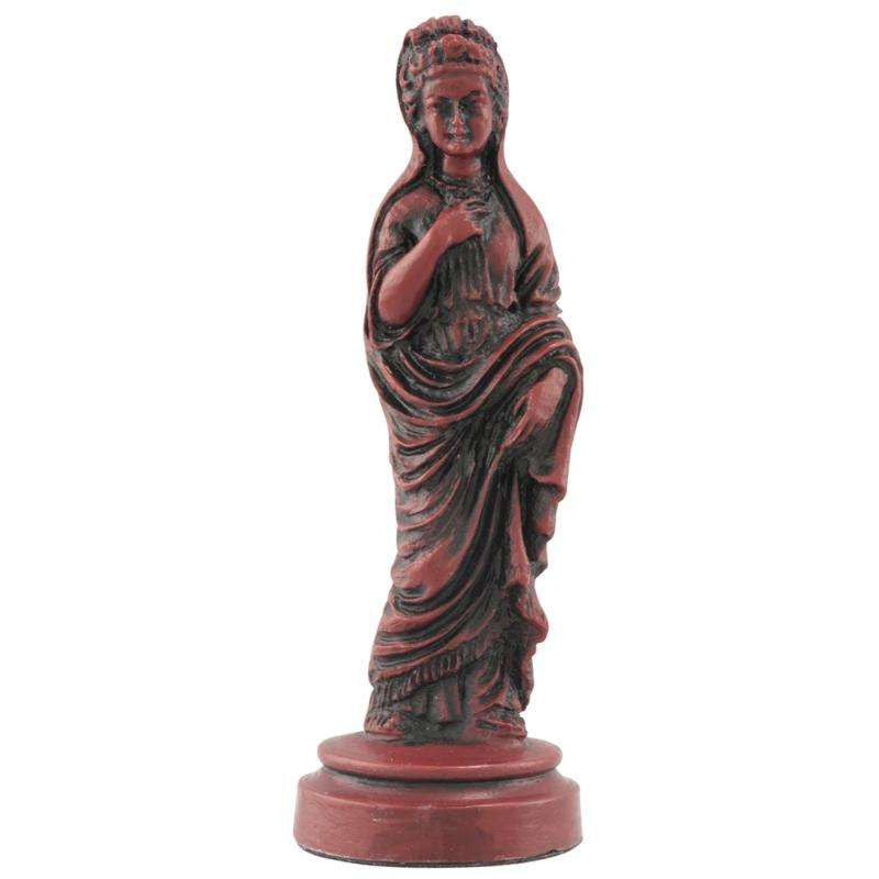 Burgundy coloured themed Queen chess piece depicting a Roman lady of noble birth, wearing a Palla (The typical dress of the period.