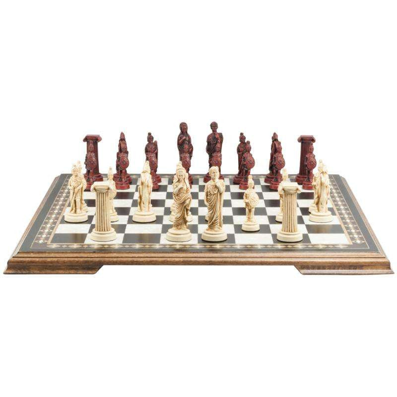 A handmade chess set depicting Roman era figures, displayed on a wooden chess board.
