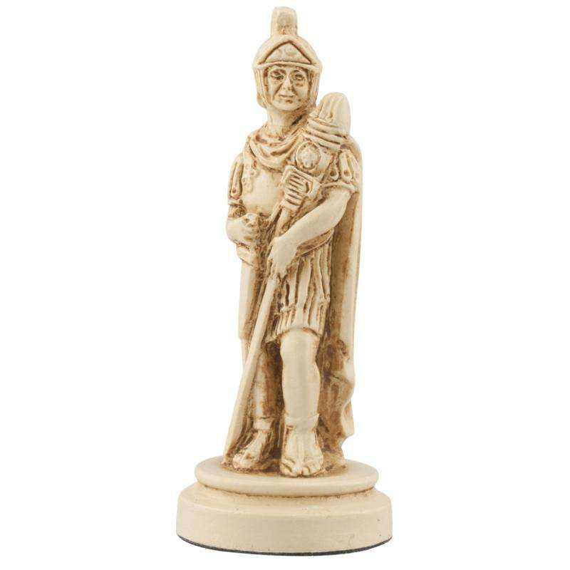 Ivory coloured themed Bishop chess piece depicting a Roman Standard Bearer carrying the insignia of his legion.