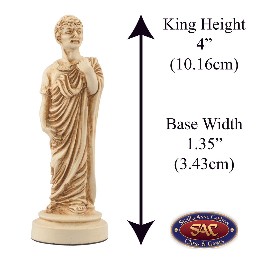 Ivory coloured themed King chess piece depicting the famed Julius Caesar traditional dressed in a toga.
Includes measurement information for the piece, it is 4" inches tall and 1.35" inches wide.