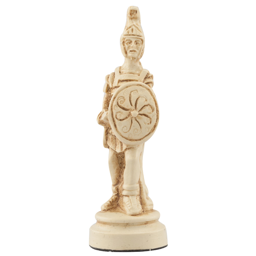 Ivory coloured themed Pawn chess piece depicting a Roman foot soldier, in era appropriate attire.