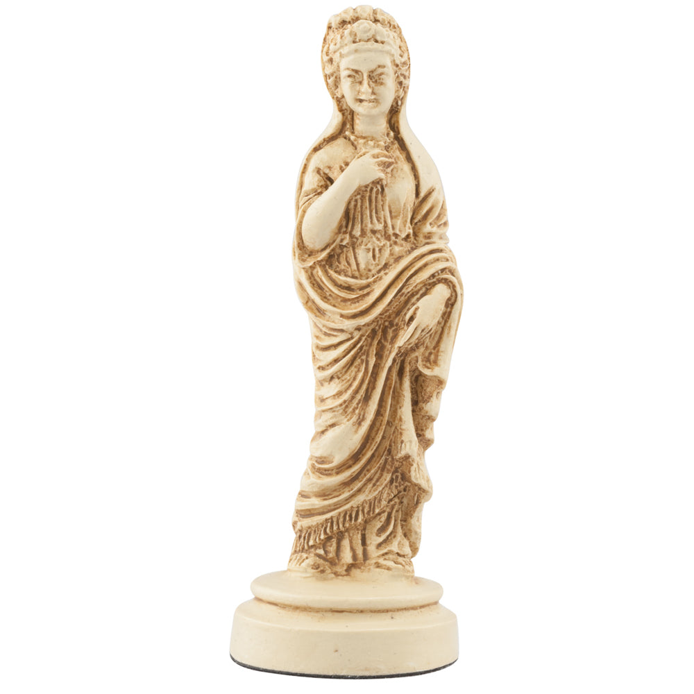 Ivory coloured themed Queen chess piece depicting a Roman lady of noble birth, wearing a Palla (The typical dress of the period.