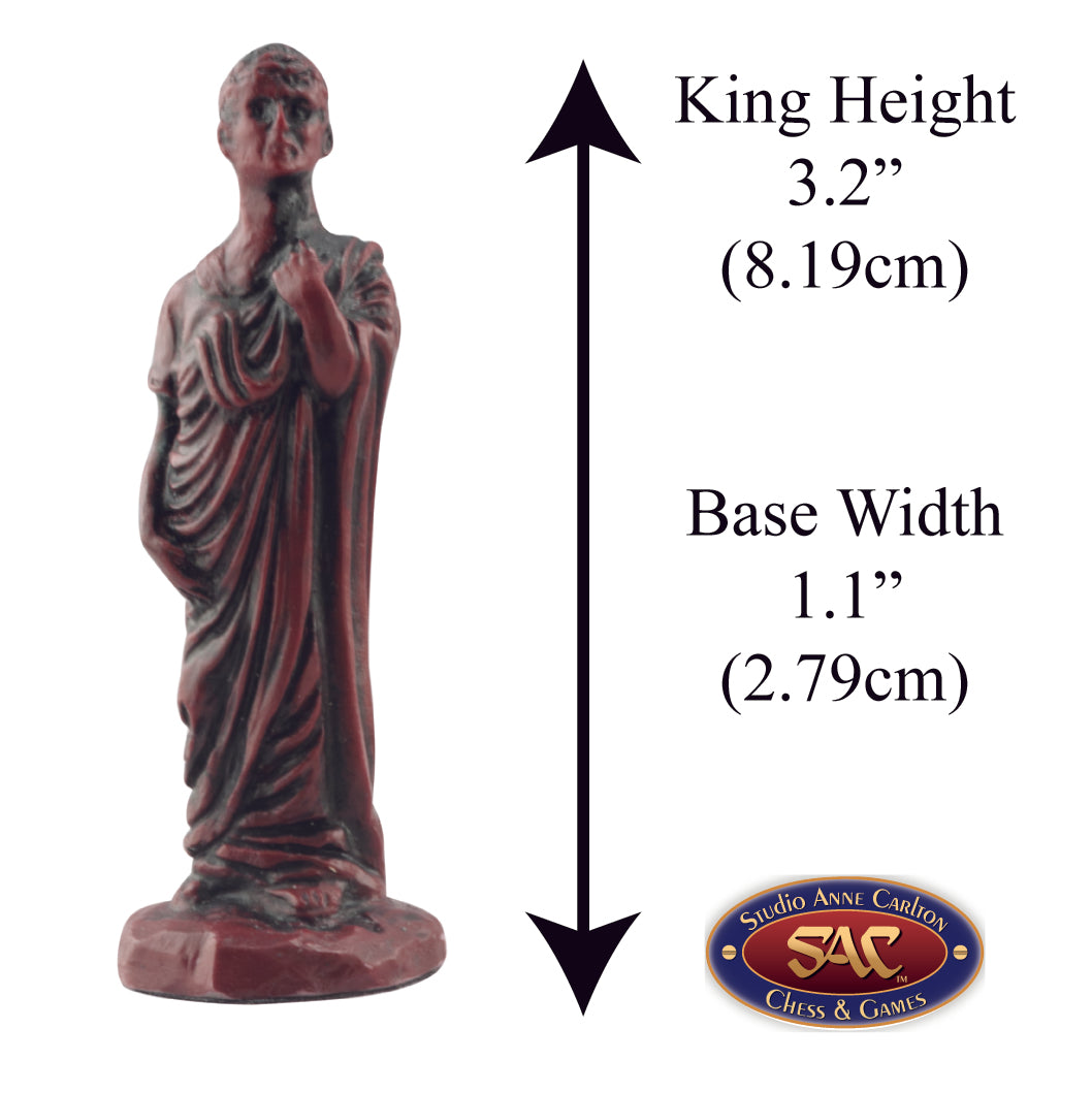 Burgundy coloured themed King chess piece depicting the famed Julius Caesar traditional dressed in a toga.
Includes measurement information for the piece, it is 4" inches tall and 1.35" inches wide.