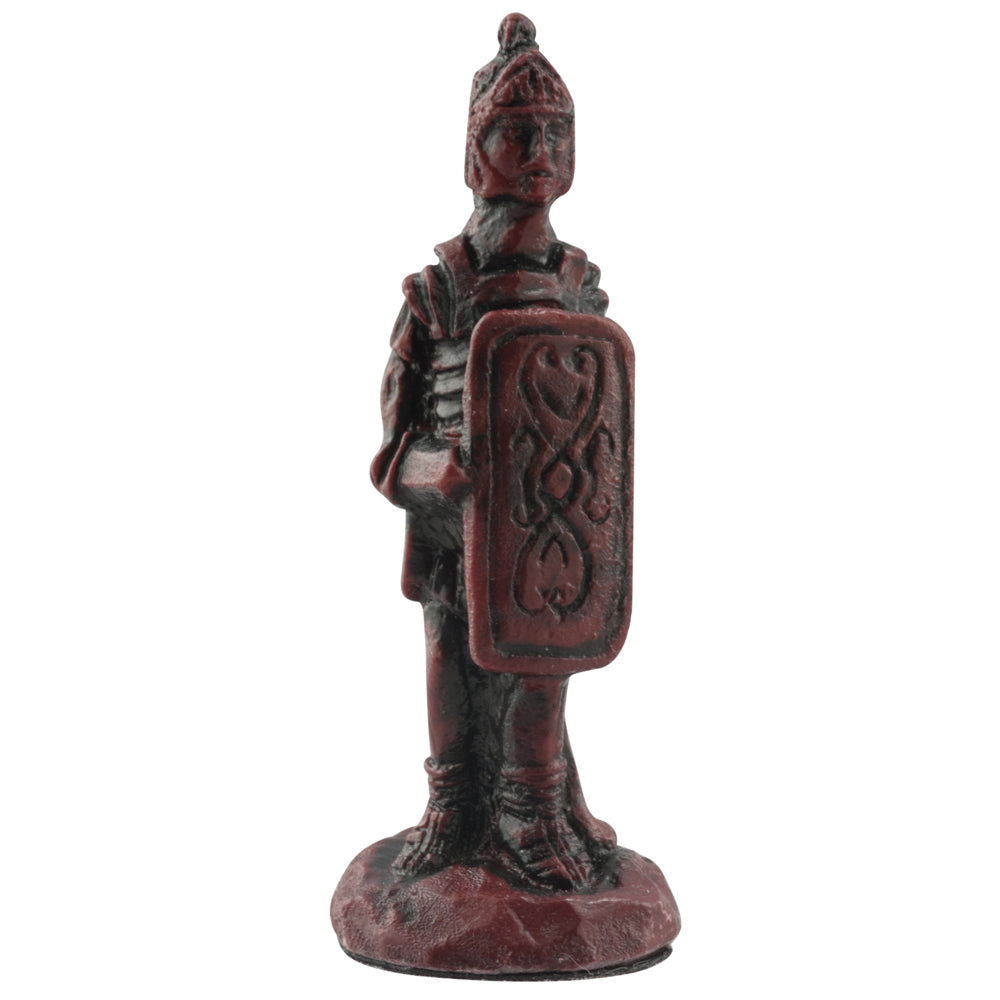 Burgundy coloured themed Pawn chess piece depicting a Roman foot soldier, in era appropriate attire.