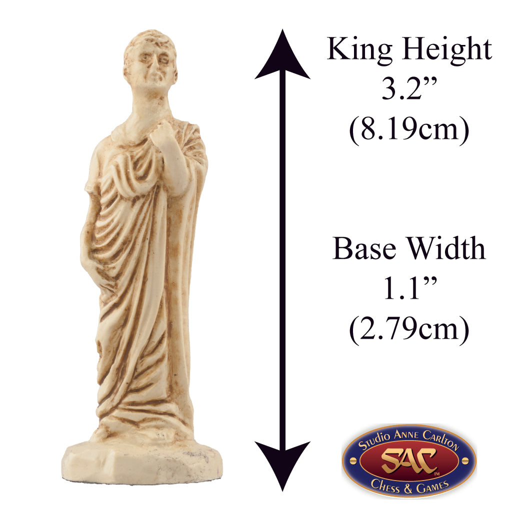 Ivory coloured themed King chess piece depicting the famed Julius Caesar traditional dressed in a toga.
Includes measurement information for the piece, it is 4" inches tall and 1.35" inches wide.