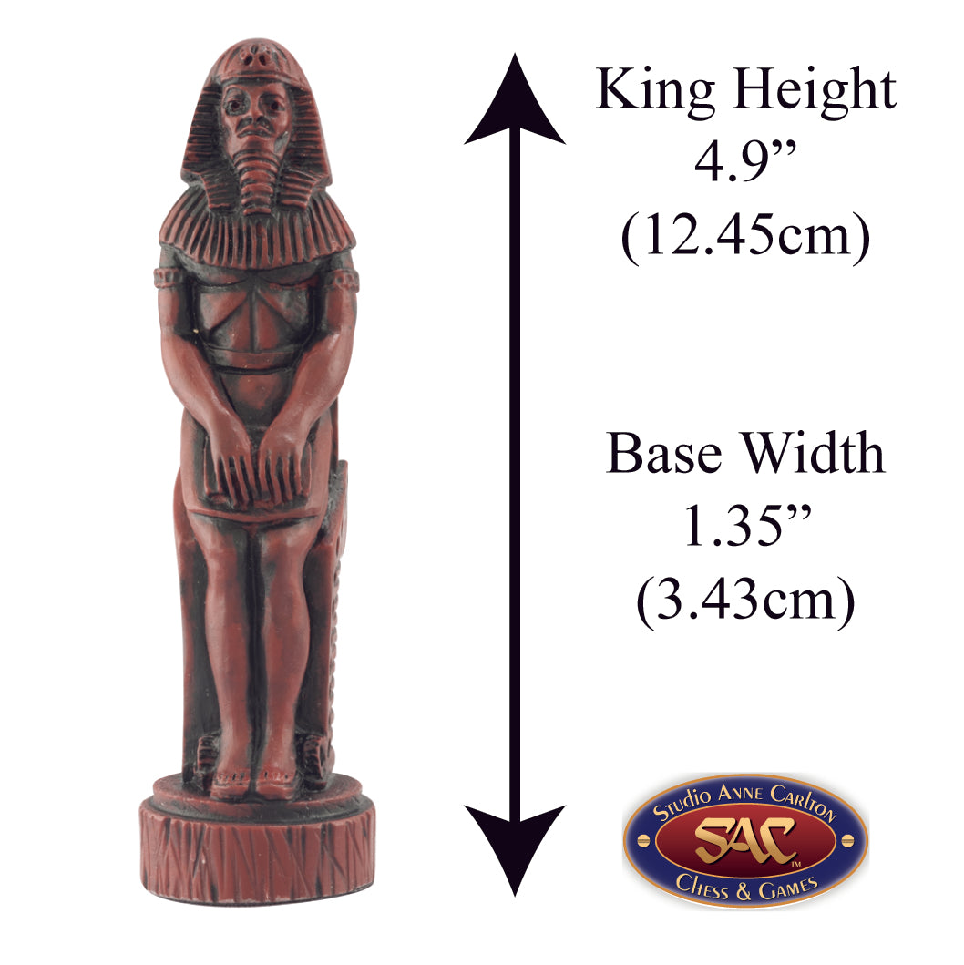 A handmade chess piece depicting King Ramses II, Alongside measurement information.

The legendary pharaoh and warrior battled in Syria, Nubia and Libya and made peace with the Hittites.

