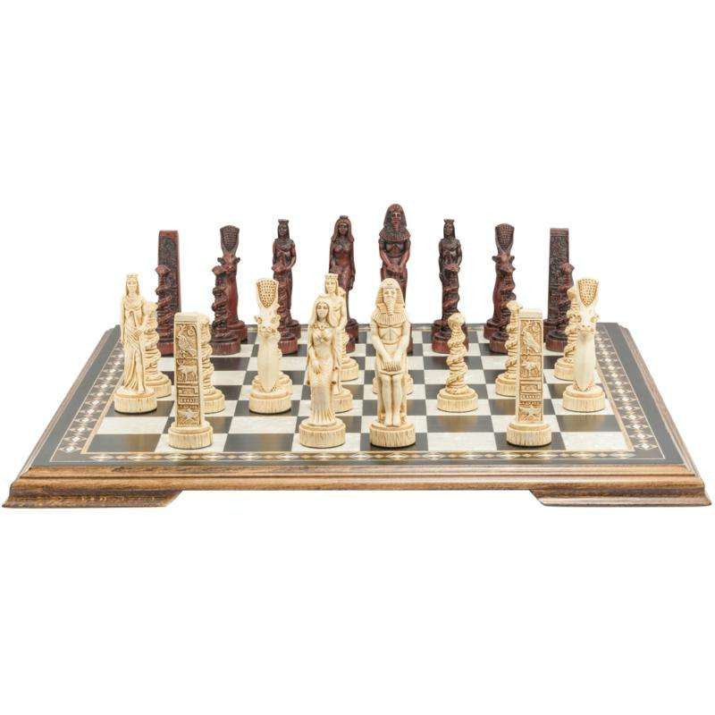 A chess set with pieces featuring ancient Egyptian motifs and figures, placed on a chess board.

This beautiful chess set depicts figures from the civilisation of Ancient Egypt, a society which began around
3150BC, growing rapidly along the  banks of the River Nile. Trade with other countries and its agricultural security helped it to become enormously prosperous; and due to this great wealth the rulers, known as Pharaohs, were very powerful, as were its priests.