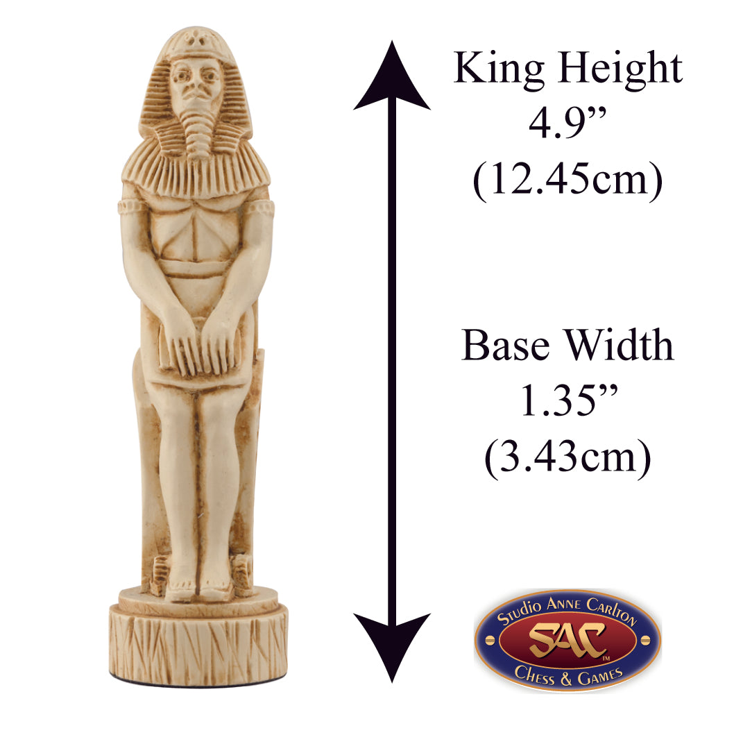 A handmade chess piece depicting King Ramses II, Alongside measurement information.

The legendary pharaoh and warrior battled in Syria, Nubia and Libya and made peace with the Hittites.
