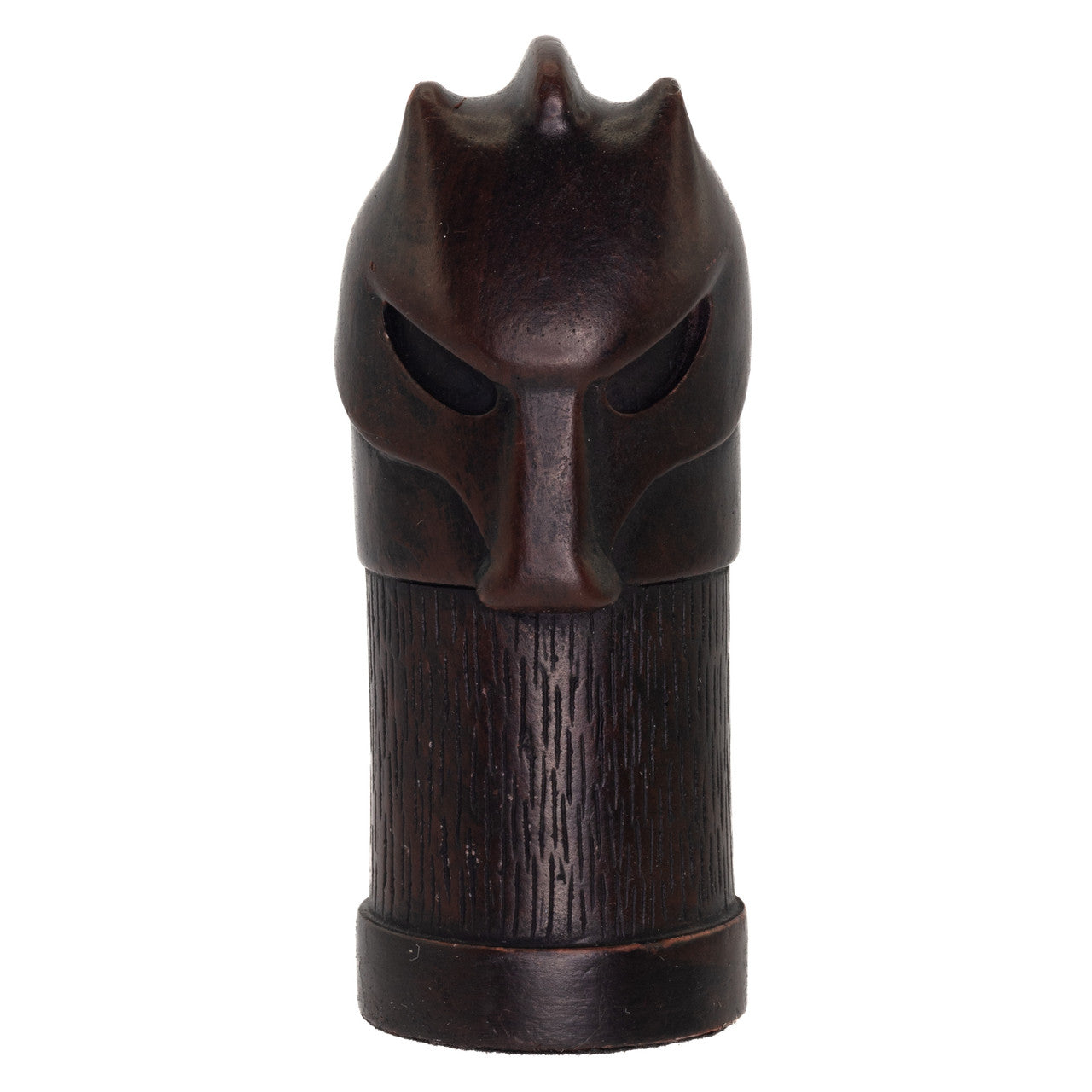 A hand made black coloured Knight chess piece inspired by a fusion of traditional staunton chess piece design and medieval masquerades.