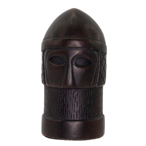 A hand made black coloured Pawn chess piece inspired by a fusion of traditional staunton chess piece design and medieval masquerades.