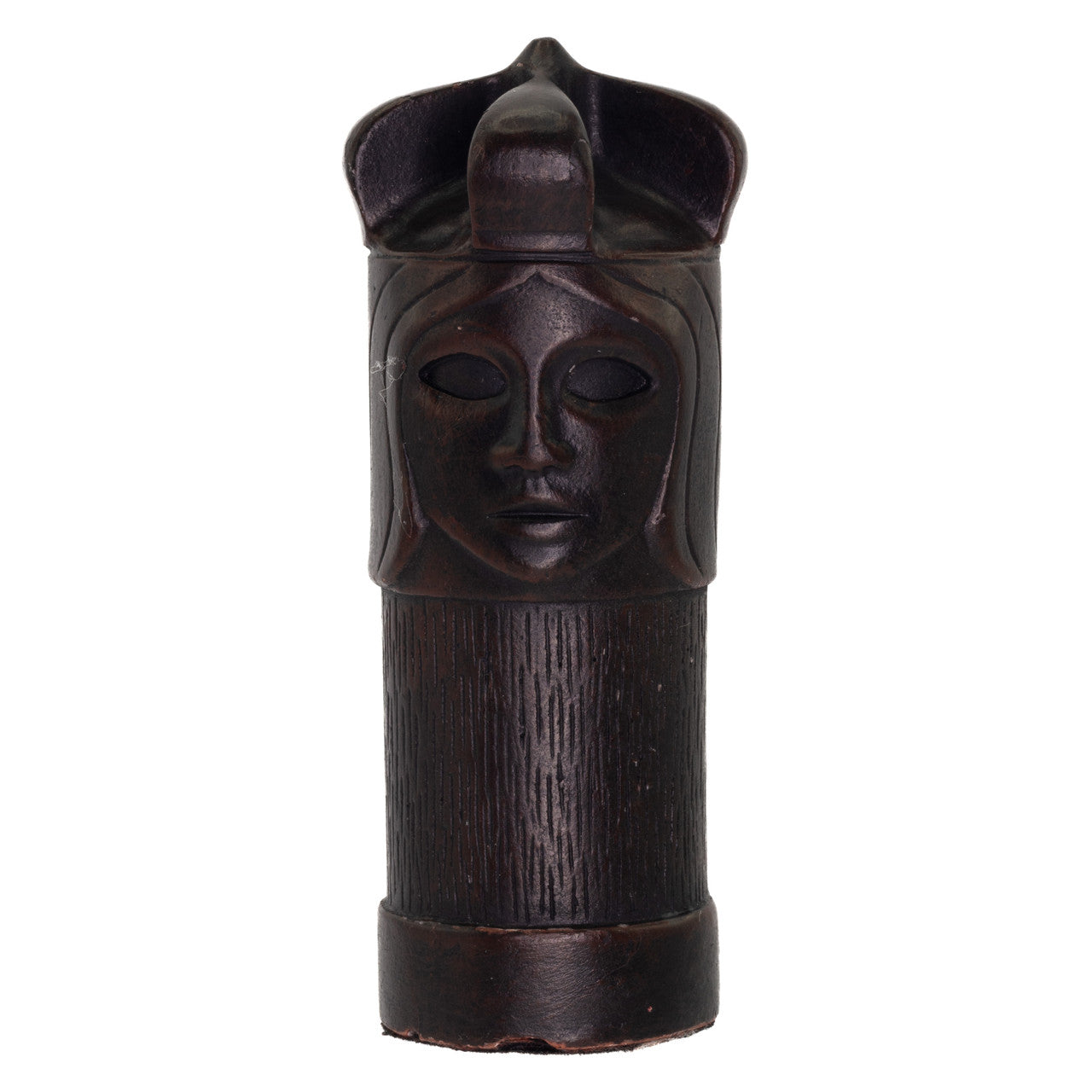 A hand made black coloured Queen chess piece inspired by a fusion of traditional staunton chess piece design and medieval masquerades.