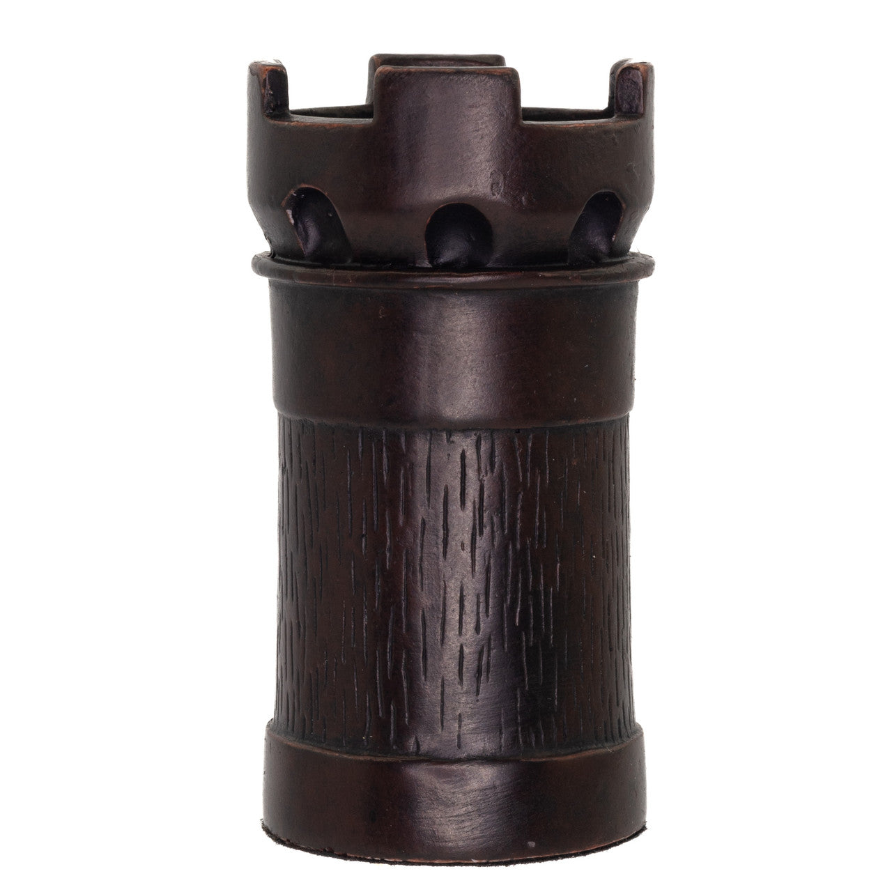A hand made black coloured Rook chess piece inspired by a fusion of traditional staunton chess piece design and medieval masquerades.