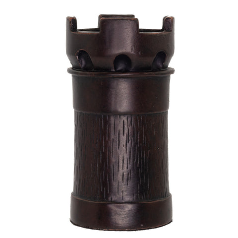 A hand made black coloured Rook chess piece inspired by a fusion of traditional staunton chess piece design and medieval masquerades.