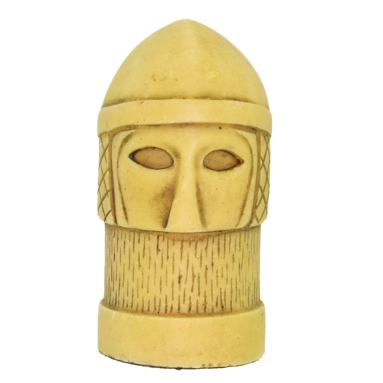 A hand made ivory coloured Pawn chess piece inspired by a fusion of traditional staunton chess piece design and medieval masquerades.