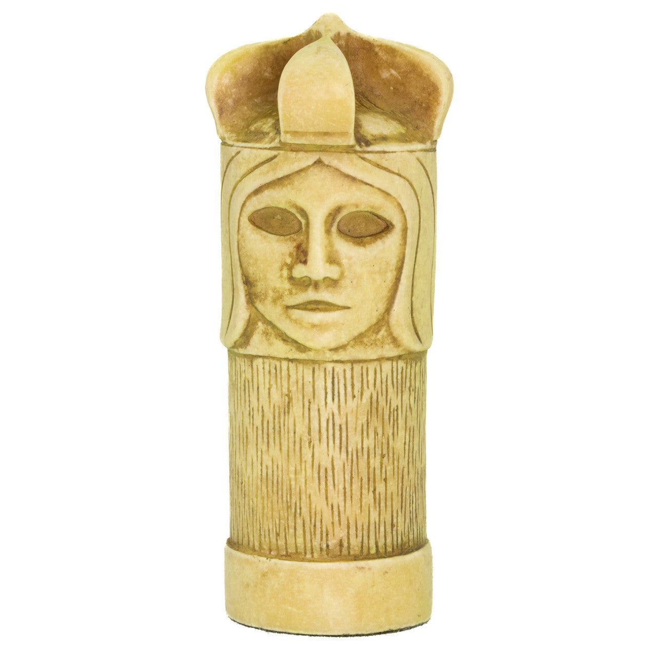 A hand made ivory coloured Queen chess piece inspired by a fusion of traditional staunton chess piece design and medieval masquerades.