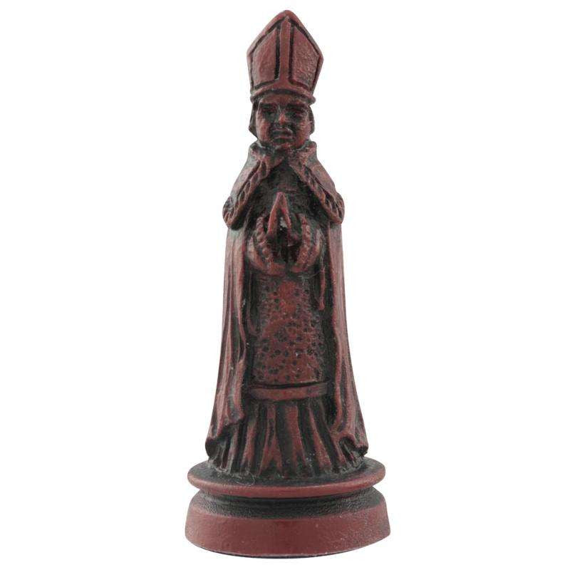A hand made burgundy coloured chess piece depicting a Bishop wearing clothing faithful to a typical western european court in the Middle Ages.