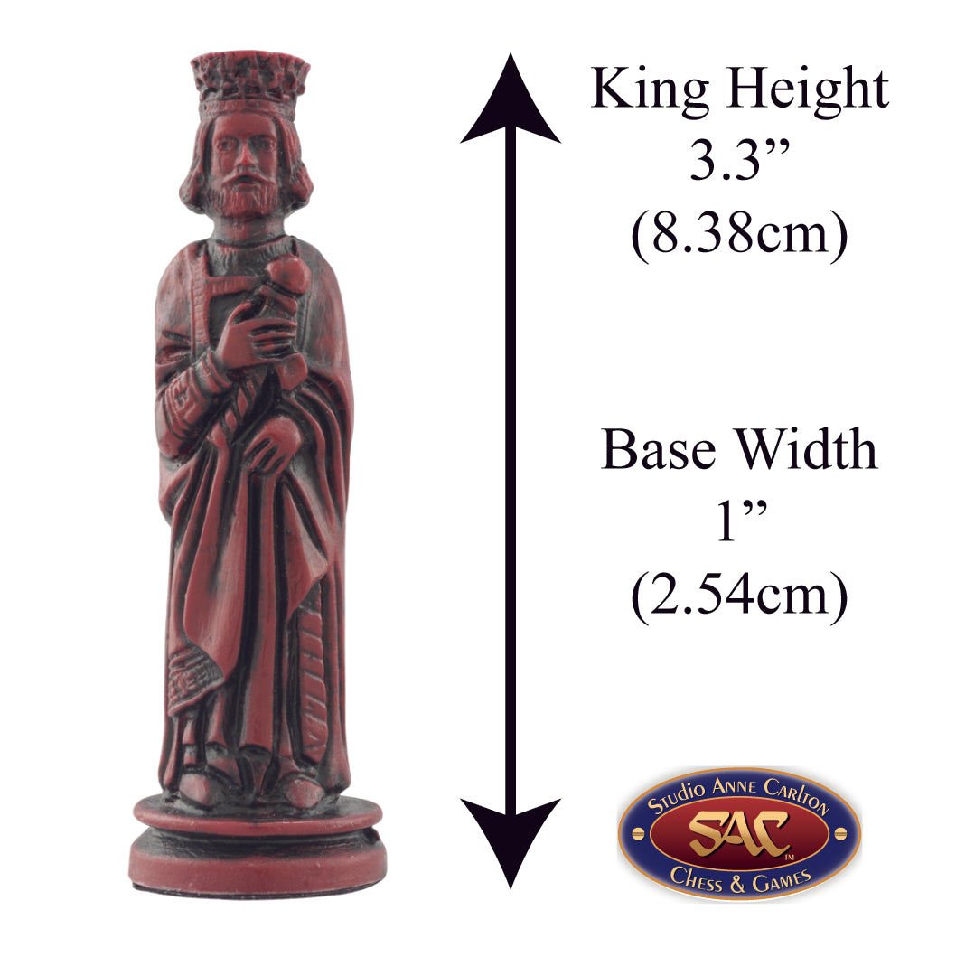 A hand made burgundy coloured chess piece depicting a King wearing clothing faithful to a typical western european court in the Middle Ages, Alongside measurement information.