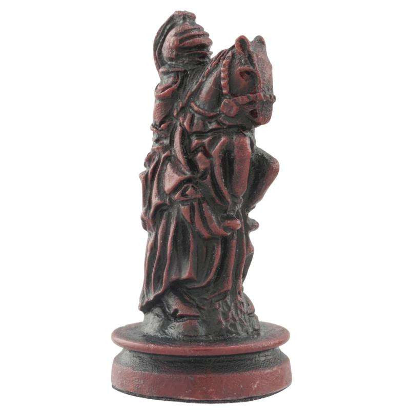 A hand made burgundy coloured chess piece depicting a Mounted Knight wearing clothing faithful to a typical western european court in the Middle Ages.