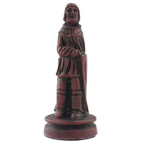 A hand made burgundy coloured chess piece depicting a Foot Soldier/Pawn wearing clothing faithful to a typical western european court in the Middle Ages.