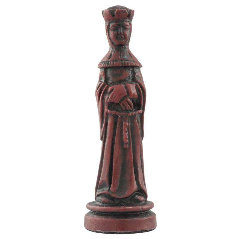 A hand made burgundy coloured chess piece depicting a Queen wearing clothing faithful to a typical western european court in the Middle Ages.
