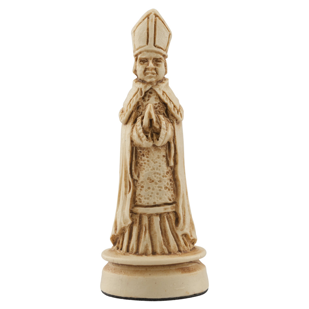 A hand made ivory coloured chess piece depicting a Bishop wearing clothing faithful to a typical western european court in the Middle Ages.