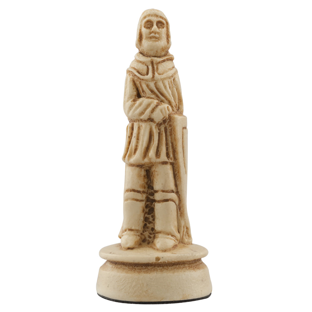 A hand made ivory coloured chess piece depicting a Foot Soldier/Pawn wearing clothing faithful to a typical western european court in the Middle Ages.