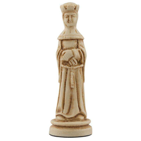 A hand made ivory coloured chess piece depicting a Queen wearing clothing faithful to a typical western european court in the Middle Ages.