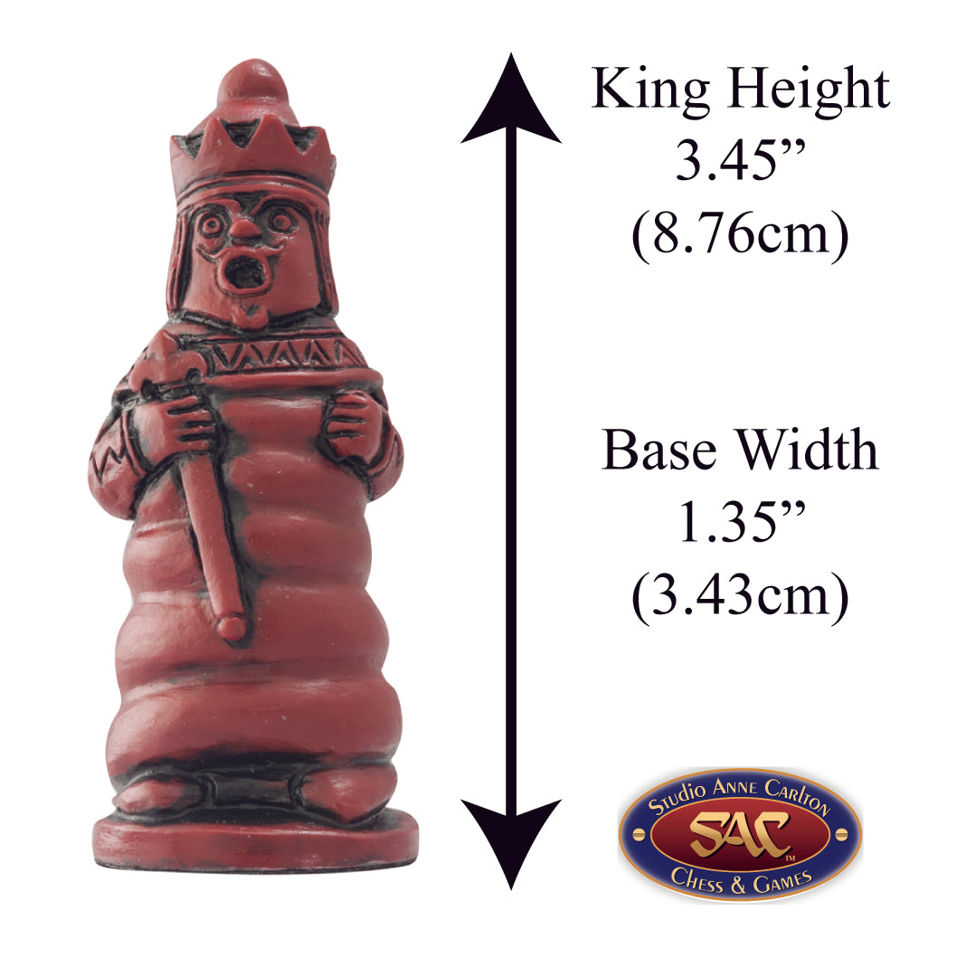 A handmade chess piece featuring the red queen from Alice in Wonderland, Alongside measurement information.