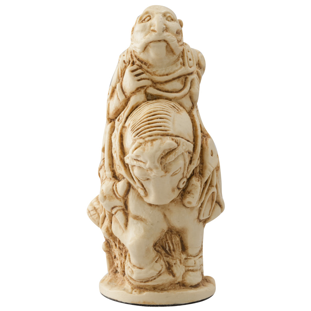 A handmade chess piece featuring the Character "The White Knight" from Alice in Wonderland.