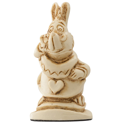 A handmade chess piece featuring the Character "The White Rabbit" from Alice in Wonderland.